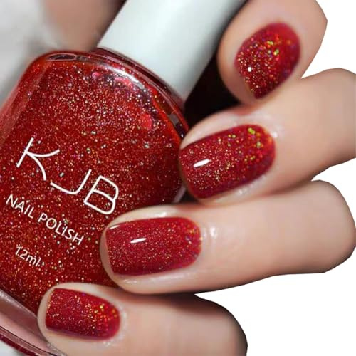 Red Nail Polish, Glitter Red Nail Varnish, Quick Dry nail polish, Long Lasting, Chip Resistant, Non-Toxic, Quick Drying, No Need UV Lamp Curing for At Home (33#)