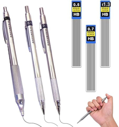 WHYCNJL 3 Stück Druckbleistift 0,5/0,7/1.3 mm mit 3 Tuben (36 Stück) Bleistiftmine HB Mienenbleistift, Mechanical Pencil für Skizzieren Zeichnen Schreiben und Hausaufgaben (Silber)