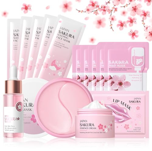 Sakura Skincare Set da 63 pezzi Sakura Cura del viso per ragazze e donne, Umidità Sakura Skincare Set per la cura del giorno e della notte Skincare