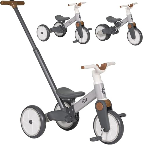 Olmitos - Triciclo Evolutivo bebé Fox 5 en 1 – Bici de Equilibrio y Pedales para Niños de 18 Meses a 3 Años - Seguro y Divertido Triciclo Sin Pedales, Bicicleta Bebe, Práctico y Seguro (Gris)