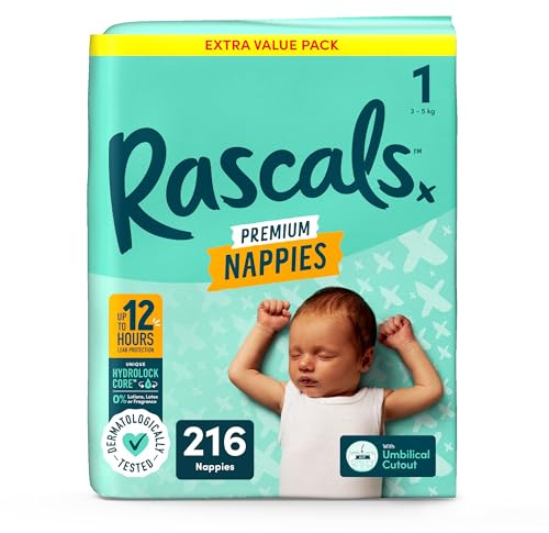 Rascals Premium Nappies Size 1, 216 Count, Feather-Soft | Hydrolock Core, 4 Layers of Protection, Stretchy High-Back Waistband, AirSpun Softness, Advanced Leak Protection