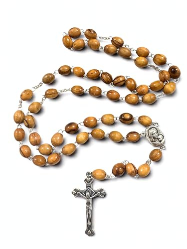 FROM THE HOLY LAND Olive Wood Rosary Necklace, Crafted in Bethlehem & Jerusalem with Terra Jerusalem Soil and Authenticity Card