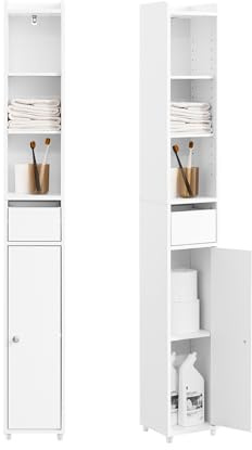 SoBuy Mueble de Baño Armario Baño Estrecho Columna Alta Mueble Auxiliar con Puerta y Cajón Estantería Multiusos Armario Almacenaje para Espacios Pequeños 20x20x145cm BZR34-K-W