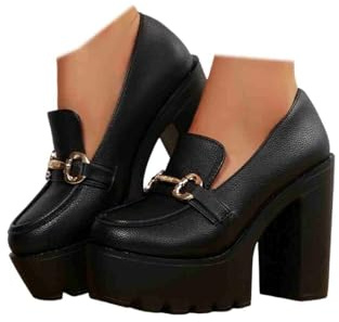 Womens Platform Heels Loafers Chunky High Heel Closed Toe Metal Buckle Shoes Penny Loafer Business Dress Work Pumps