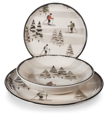 H&H Servizio Tavola 18 Pezzi Retro Skier – Piatti Invernali Natalizi – 6 Piatti Piani 26cm, 6 Fondi 20,5cm, 6 Frutta 20cm – Lavabile in Lavastoviglie, Microonde