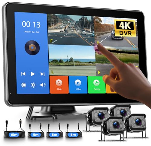 Hodozzy Caméra de Recul 4 Canaux 4K Enregistrement en Boucle, Ecran Tactile 10,1 Pouces Moniteur de Recul Divisé avec 4 Ca-méra Recul Vision Nocturne Etanche Caméra Filaire avec BSD, Miroir Image