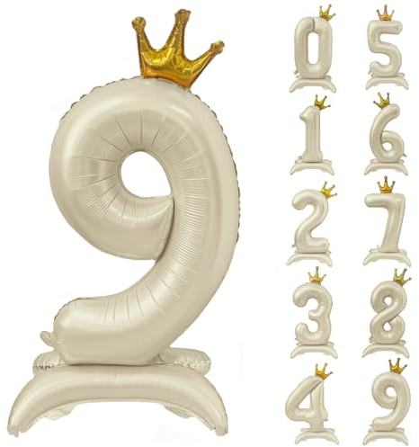 Creme Weiß Ballon 40 Zoll Stehende Zahl 9 Luftballon mit Krone Beige Krone Ballon Zahlen 0-9 Groß Helium Ballons Cremeweiß Geburtstag Party Dekorationen Hochzeit Deko
