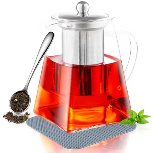 PluieSoleil Teapot with Tea Scoop and Mat 750ml/25.36oz Heat-Resistant Borosilicate Glass Teapot Set with Strainer, Square Shape Infuser Tea Pot, Handmade Glass Teapot with Infuser