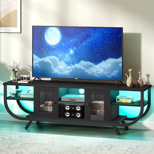 YITAHOME Industrielles TV-Schrank, TV Lowboard für Fernseher bis zu 55 Zoll mit LED-Beleuchtung,Wohnzimmer Fernsehschrank TV Board mit Offenen Stauraum (Schwarz, 140CM)