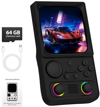 R36TMAX Retro Handheld Game Console, 4.0'' 720x720 IPS Screen, 64GB Supports 18000+ Classic Games, EmuELEC System Supports WiFi Networked Fighting&OTG,4000mAh with Portable Case（Black 64GB）