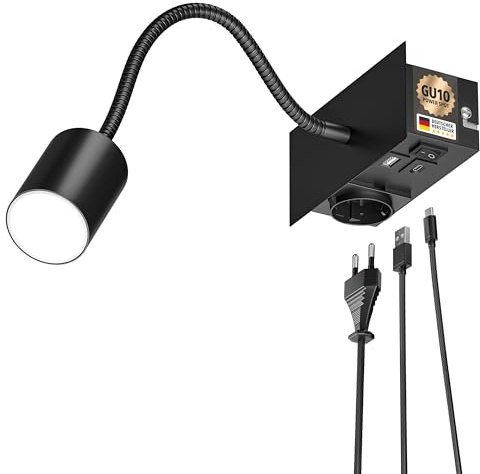 ledscom.de Wandleuchte WAIKA, Schwanenhals, schwarz, Steckdose, USB-C, USB-A, inkl. LED GU10 Lampe, 3-Stufen-Dimmer, 609lm, weiß