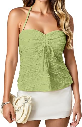 Ausing Women's Sleeveless Halter Neck Tops Going Out Y2K Top Lace Up Evening Party Vest Fashion Backless Ruffle Outfits XS-L