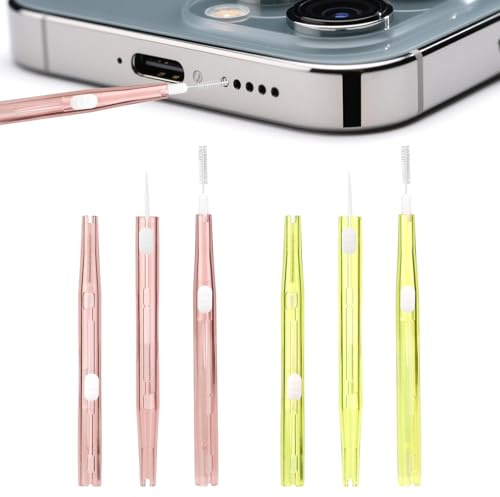 Fukaisu 6stk Handy Ladeanschluss Reinigung Kit, Mobiltelefon Reinigung Pinsel mit Borsten & Haken Doppelseitig Staub Entferner für Kopfhörer Lautsprecher Empfänger Ohrstöpsel (Rosa & Gelb)