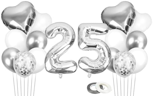 NISENTIA 16 Stück Silberhochzeit Deko Luftballons, 25. Silber Luftballons Set, Zahl 25. Hochzeitstag Folienballons, Silberne Hochzeit Deko Balloons, Helium Ballons für 25.Jubiläum, 25. Geburtstag