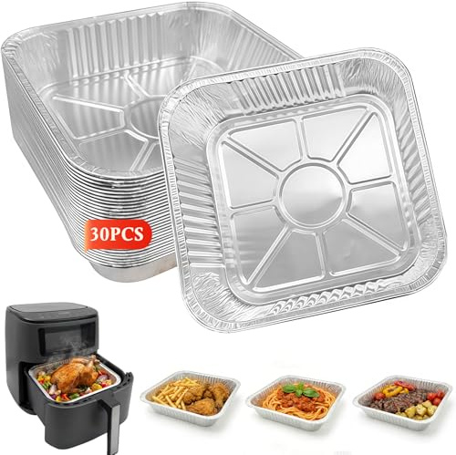 30 Pack 8 Inch Square Air Fryer Liners – Disposable Aluminum Foil Food Containers, Non-Stick Baking Trays for Oven, Grill, Roasting, Cooking – Compatible with COSORI, Ninja, Tower