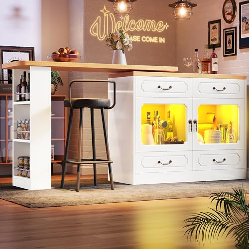 BTM Mobile Kitchen Island with Breakfast Bar, Rotating Bar Table Kitchen Buffet Sideboard Cabinet with Drawers & LED, White