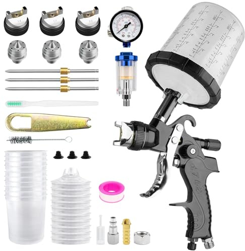 HVLP Lackierpistole Spritzpistole Kit mit 1,4/1,7/2,5mm Düsen & 10x 650ML Einweg-Farbspritzpistolenbeche mit Luftdruckregler für Lackierpistole Druckluft Farbspritzpistole (Schwarz)