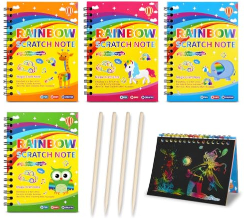 4 Kratzbilder Für Kinder, Magic Regenbogen Scratch Book mit Holzstifte und Malschablonen zum Zeichnen und Basteln, Mitgebsel Kindergeburtstag Kratzbuch, Malset Kinder Beschäftigung, Klassenzimmer Ges