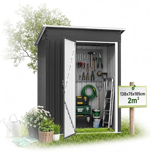 VA-Cerulean Caseta de metal 138 x 75 x 162 cm, cobertizo con techo inclinado, puerta con cerradura, resistente e inoxidable, resistente a la intemperie, 2 m³, cobertizo de jardín exterior, armario