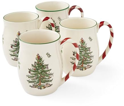 Spode Christmas Tree Mugs with Peppermint Handles Set of 4