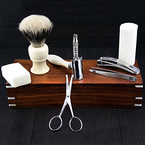 Haryali London Rasierset mit Rasierhobel, handmontierter Dachshaarpinsel, Rasierseife, Alaunblock, Nasenschere, Pinzette, Nagelschneider in Rosenholz-Box Luxus-Geschenkset, 9-teilig