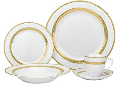 Royalty Porcelain Queen 20-Piece White & Gold Dinnerware Set, 24K Gold-Plated Fine Porcelain, Service for 4