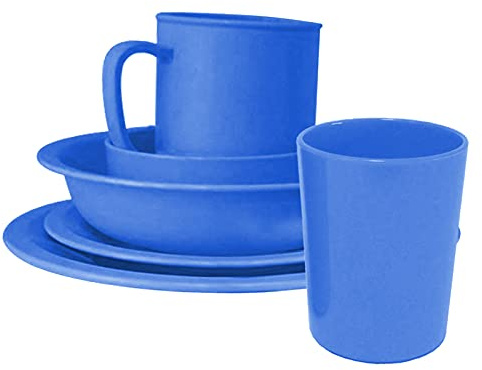 6-tlg. Geschirr-Set aus Kunststoff in Blau, wiederverwendbar, Tasse, Becher, Teller flach, Teller tief, Dessertteller, Kompottschale, Service, Gedeck, Kindergedeck, Kindergeschirr