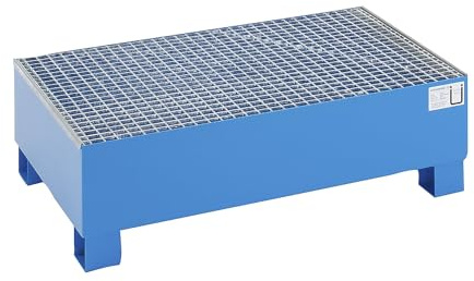 eurokraft basic | Stahl-Auffangwanne für 200-l-Fässer | LxBxH 1200 x 800 x 360 mm, mit Zulassung, blau pulverbeschichtet, mit Gitterrost