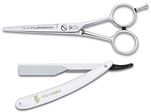 Filarmonica Tijeras de peluquería con navaja afeitar barbero set de peluquería profesional tijera peluquero de 14 cm 5,5” con navaja de 24 cm de acero inoxidable para barbero peluquero