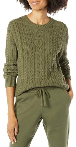 Amazon Essentials Damen Fisherman Cable Langarm-Pullover mit Rundhalsausschnitt (Erhältlich in Übergröße), Olivgrün, Größe XL
