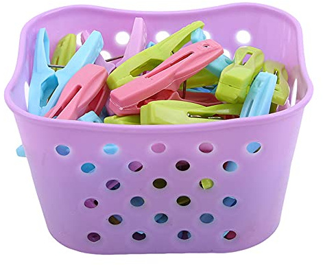 30Pcs Clothing Clips Pegs With a Basket Multifunction Clothes Clips Windproof Clothes Pins for Clothesline/Clothing/Socks 4 Colors Basket for Choose