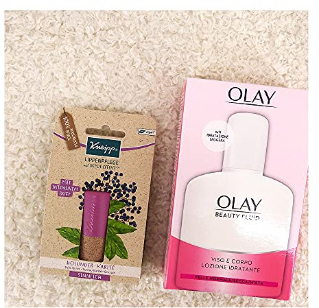 3tlg. BEAUTY Geschenk Set: 1x200ml Olay ehemals Olaz Beauty Fluid Gesicht & Körper | Normale trockene Haut Mischhaut Feuchtigkeitslotion + Kneipp Lippenpflegestift + Dustbag in Beige