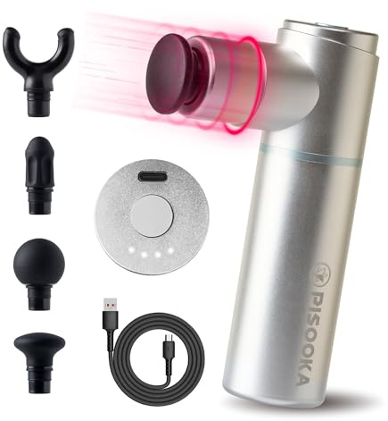 PISOOKA X Mini Massagepistole Klein & Ultraleicht (350g) – 66W Starke Massage Gun für Tiefengewebe – Leises Alu-Handmassagegerät, 4 Aufsätze & USB-C – Geschenk für Nacken, Rücken & Sport (Silber)