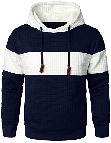 HOOD CREW Men’s Sweatshirts Long Sleeve Pullover Patchwork Plaid Jacquard Hoodie Casual Drawstring Hoody Top Navy White S
