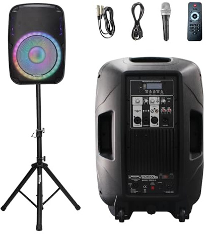 TUMAN Pro Portable 15-Inch PA Speaker System DJ Amplified Loud Speaker with Stand Bluetooth/USB/SD Card Reader/FM Radio/Remote Control/LED Light, Good for Churches, Bands, Parties