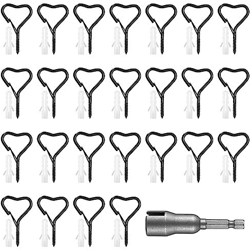 25 Pièces Crochets à Vis, Crochet à Plafond, Piton à Visser, Crochet à Visser avec Boucle de Sécurité, Vis à Crochet Mural avec Filetage en Bois pour Paniers de Plantes, Noir/Forme de Coeur