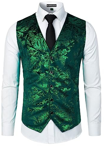 PARKLEES Gilet de luxe pour homme en métal à motif cachemire doré imprimé brillant pour mariage, soirée de gala ou smoking, vert foncé, XL