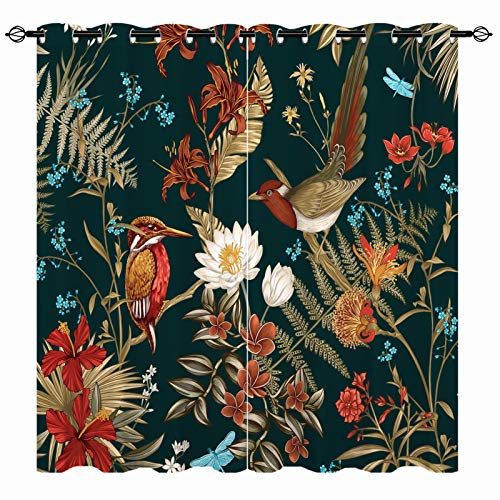 YUANZU Vogel Vorhänge Wald Dschungel Tropischer Ösen Gardinen mit Blickdichte Thermo Vorhang Kälteschutz Blackout Curtain Wohnzimmer Schlafzimmer Verdunkelung Fenster, 2 Stück, H 175 x B 140 cm