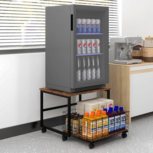 𝐏𝐔𝐍𝐂𝐈𝐀 19.7x19.7 Mobile Mini Fridge Stand with Large Storage Pull-Out Basket and Lockable Wheels — Heavy Duty Compact Refrigerator Table Rolling Appliance Cart for Dorm Bedroom Apartment