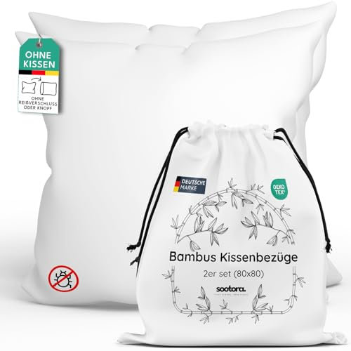 Sootora Bambus Kissenbezug 80x80 (2er Set), natürlich & weiche Kissenhülle, Akne Kopfkissenbezug, antiallergische Bettwäsche, Haarbruch Kopfkissen 80x80 Bezug