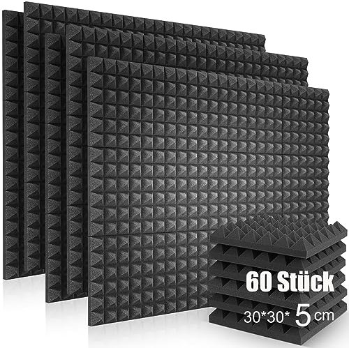 60 Stück Akustikschaummatten Schaumstofffliesen Schalldämmmatte Schalldämmung 30 x 30 x 5 cm für Wand Studio, Podcasts, Aufnahmestudios, Büro, Akustik, (60 Stück)