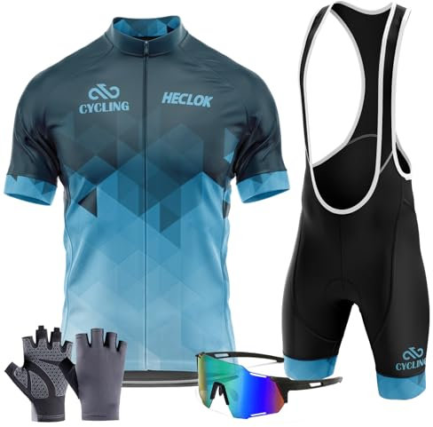 Herren Kurzarm Fahrrad Trikot Set,2024 neu Radtrikot Set Herren Kurzarm mit Atmungsaktiv Schnell Trocknend Radtrikot Mit 9D Gel Gepolsterten Shorts＋Fahrradhandschuhe, Fahrradbrille (TYP-7,4XL)
