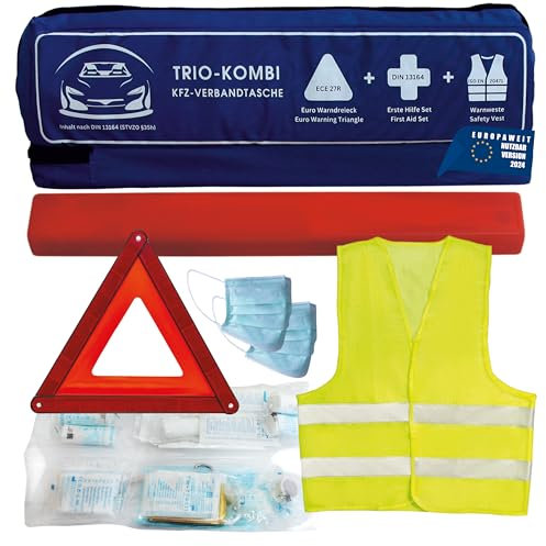 VZL Kit di pronto soccorso auto 2025 con certificazione TÜV, con triangolo di avvertimento e giubbotti di sicurezza auto – kit di pronto soccorso auto 2025 (blu)