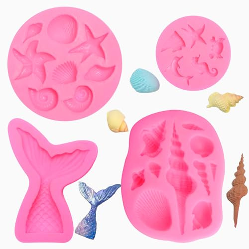 Silikonform-Set zum Selbermachen, Meerestier, 3D-Form, Rosa, wiederverwendbar, Meerjungfrauenschwanz, Muscheln, Muscheln, Backen, Kuchenwerkzeuge für Brot, Schokolade, 4 Stück
