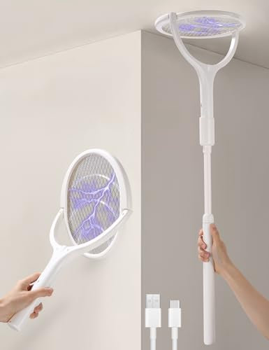 Testa Rotante Racchetta Zanzare Elettrica Ricaricabile Racchetta Mosche Elettrica Antizanzare Anti Ammazza Zanzare Elettrico Paletta Cattura Acchiappa Mosche, con Asta Telescopica Estensibile