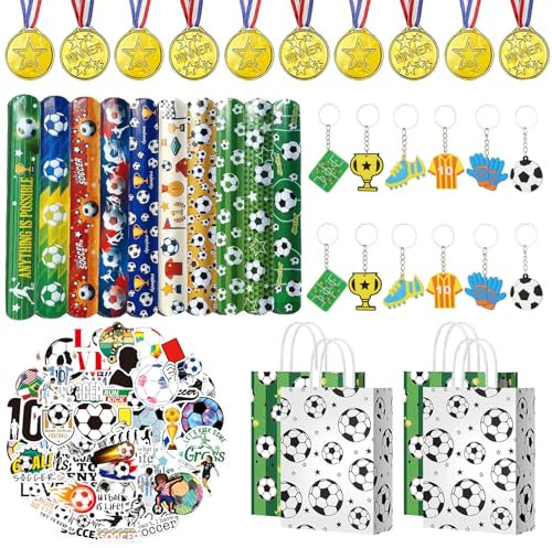 Yhjxly Fußball Geburtstag Party Mitgebsel Kindergeburtstag,94 Stück Fußball Geburtstag Deko,Schlüsselanhänger, Armband, Tattoos, Partei Geschenk Taschen, fußball geburtstag deko für Jungen Mädchen