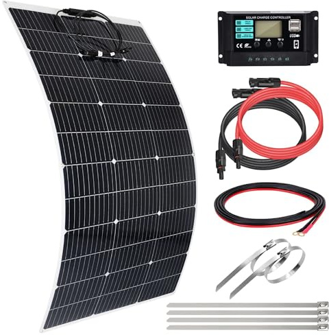 【120W Panel Solar 12V Flexible Kit】DERUXI Placa Solar 12V 120Watt Flexible+Regulador de Carga 30A+4PCS Cable Solares+6Pcs Bridas Metalicas, 120W Panel Solar para Balcón RV Barcos Caravana Baterías