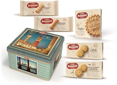 Forno Bonomi, biscotti assortiti in una scatola regalo di latta dedicata a Venezia. La migliore selezione della nostra pasticceria in una confezione quadrata da 770 grammi.