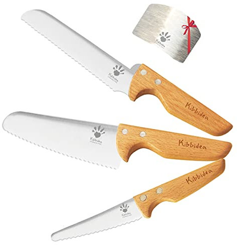 Kibbidea Lot de 4 couteaux de cuisine pour enfants, Sécurité, vraie cuisine, Acier Inoxydable, Pour couper et cuisiner des fruits ou légumes, Couteaux enfants à partir de 3 ans