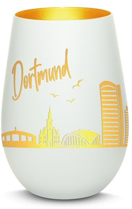 Gravur-Max Windlicht mit 360° Gravur Skyline Dortmund Deko Glaslicht als tolles Geschenk mit Einer hochwertigen Lasergravur zu jedem Anlass in der Farbe Weiß/Gold